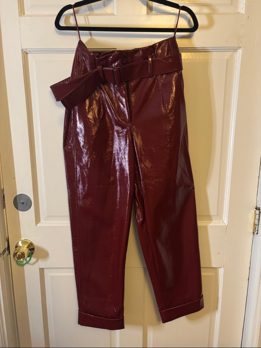 Nicholas High-Shine Burgundy Vegan Leather Paperbag Waist Pants